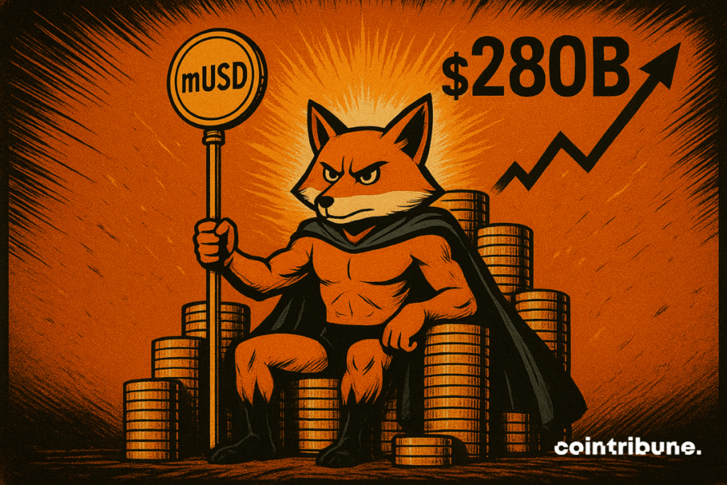 MetaMask fox sits on a golden coin throne, holding mUSD scepter, with 0B and growth chart glowing behind.