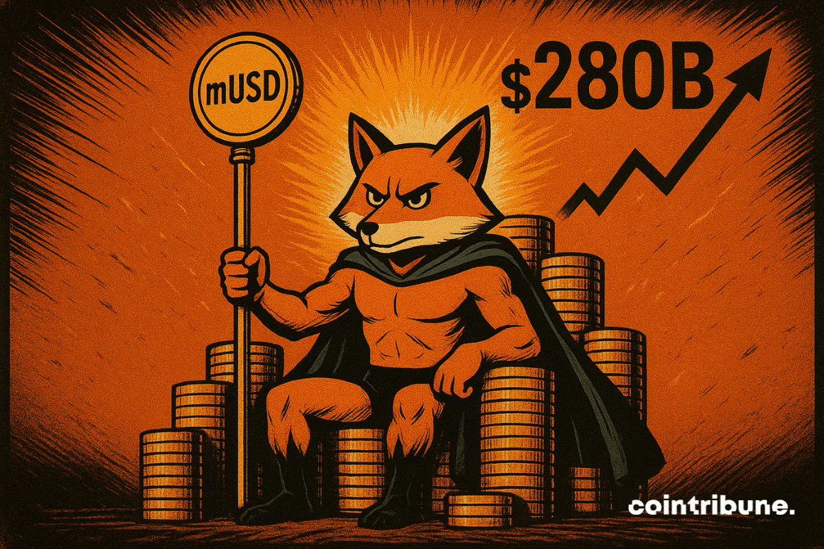 MetaMask fox sits on a golden coin throne, holding mUSD scepter, with $280B and growth chart glowing behind.