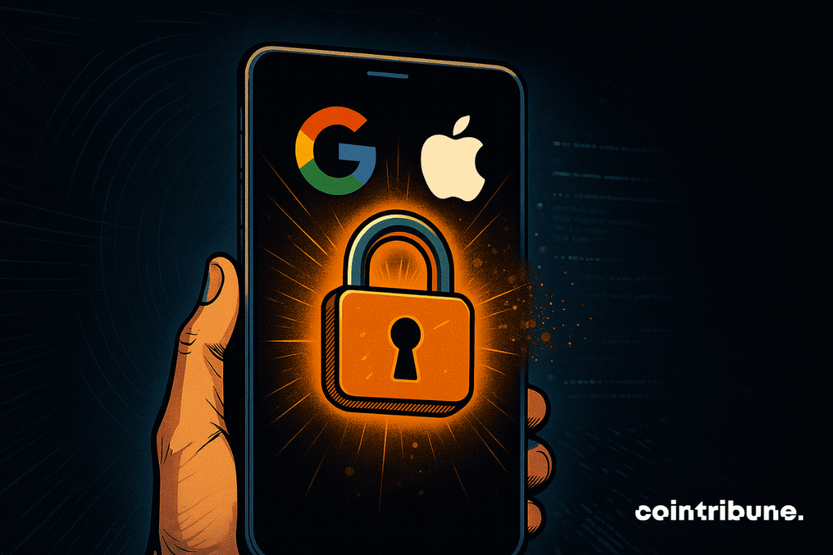 Crypto: A hand holding a smartphone showing an orange padlock that opens with Google and Apple