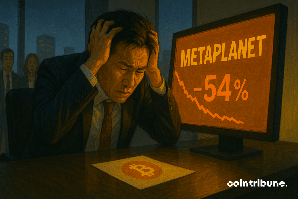 Um executivo japonês angustiado assiste ao colapso da Metaplanet, negociando em baixa de 54%, com o logótipo da Bitcoin visível.