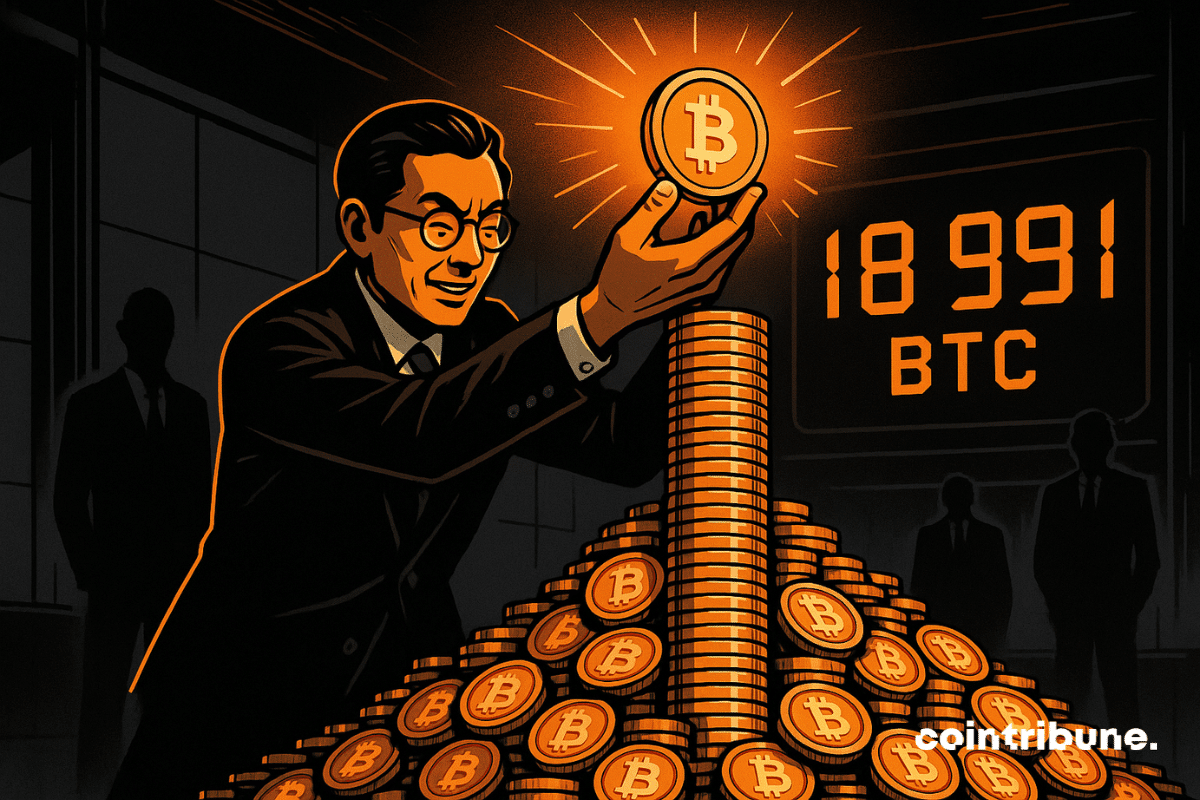 Un empresario japonés coloca una moneda de Bitcoin sobre una pila enorme, con la leyenda "18,991 BTC" en el fondo.