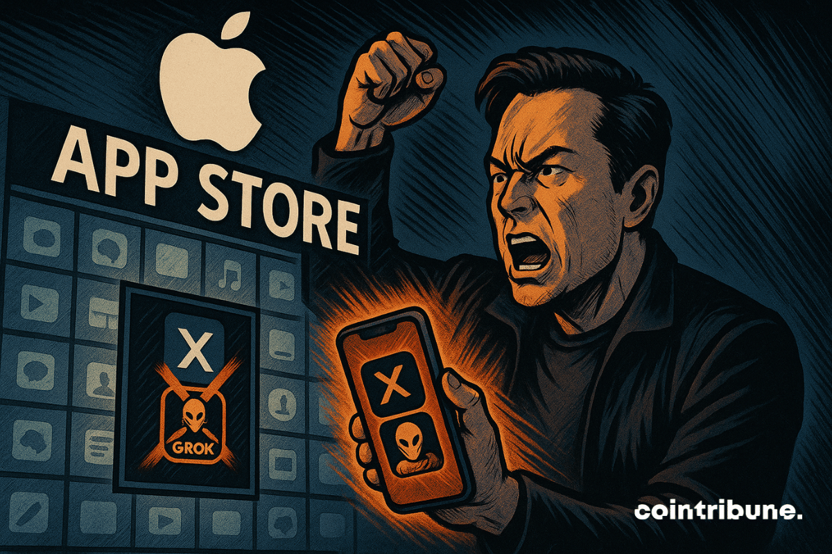 Um furioso Elon Musk brande seu smartphone em frente à App Store, excluindo Grok e X, um símbolo de um choque tecnológico.