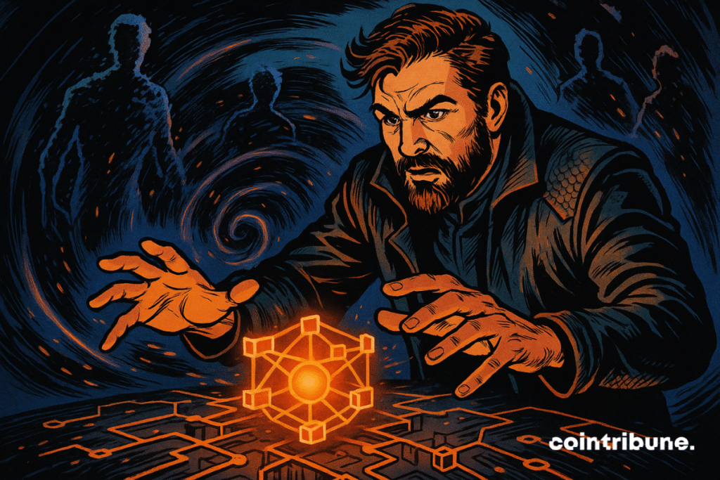 Illustration of a focused man manipulating a luminous digital structure symbolizing blockchain cybersecurity in the face of the quantum threat.