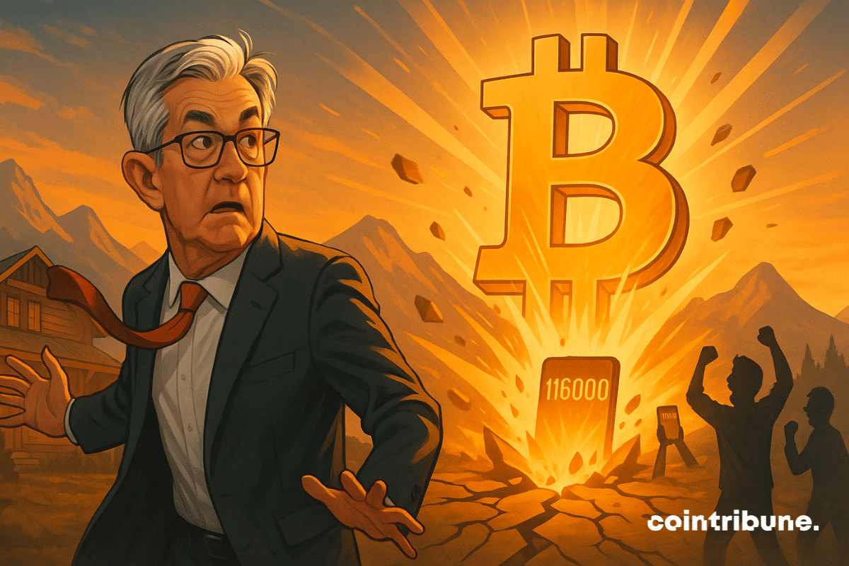Powell fica surpreso diante de um Bitcoin gigante surgindo do solo, sob um céu alaranjado, cercado por investidores eufóricos em Jackson Hole.