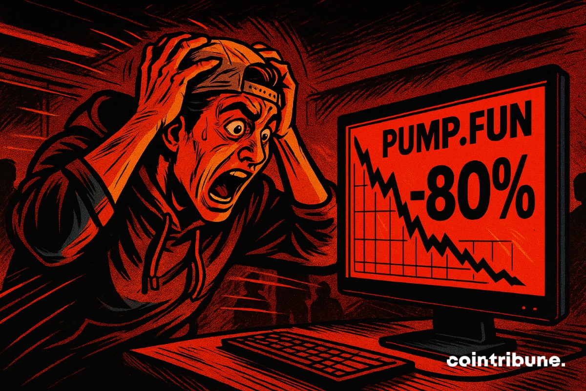 Um trader de cripto enlouquecido diante de uma tela exibindo -80% no Pump.fun