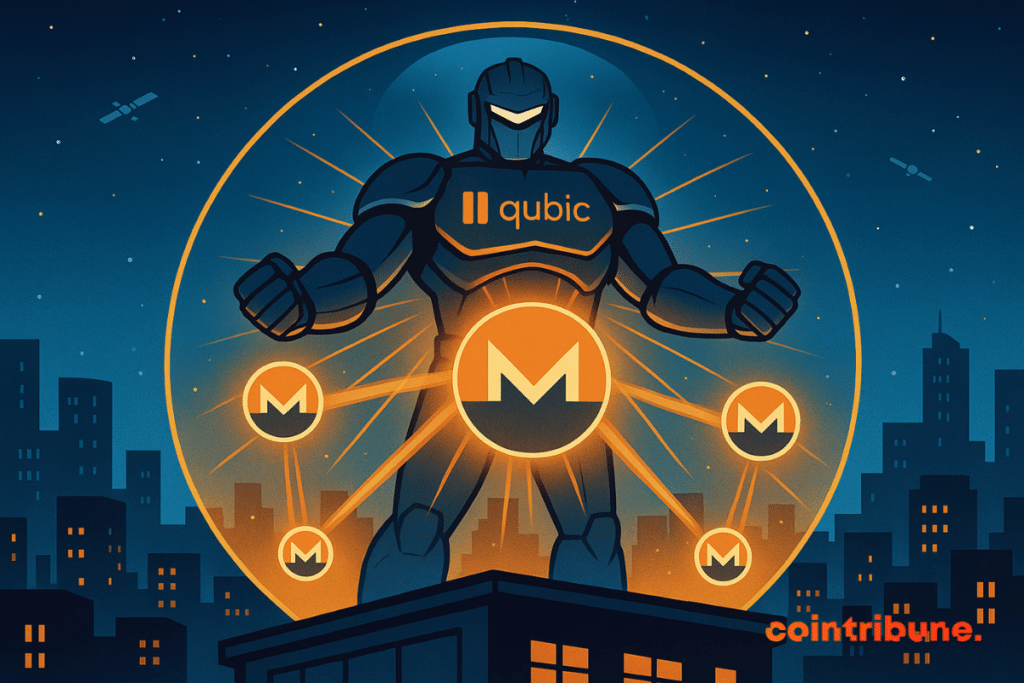 Ilustração de um robô gigante usando o logotipo da Qubic, conectado a vários símbolos do Monero, representando o domínio da Qubic sobre a taxa de hash.