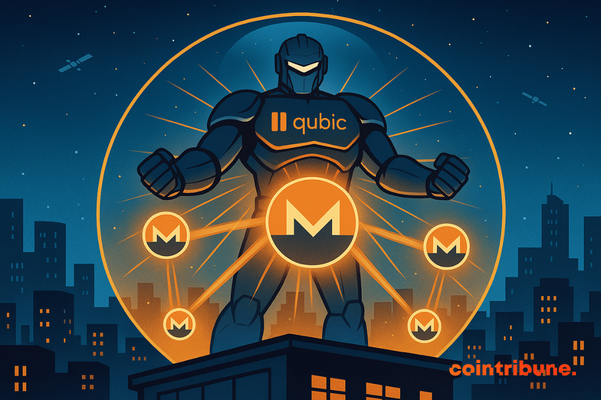 Illustration of a giant robot wearing the Qubic logo, connected to several Monero symbols, representing Qubic's dominance over the hashrate.