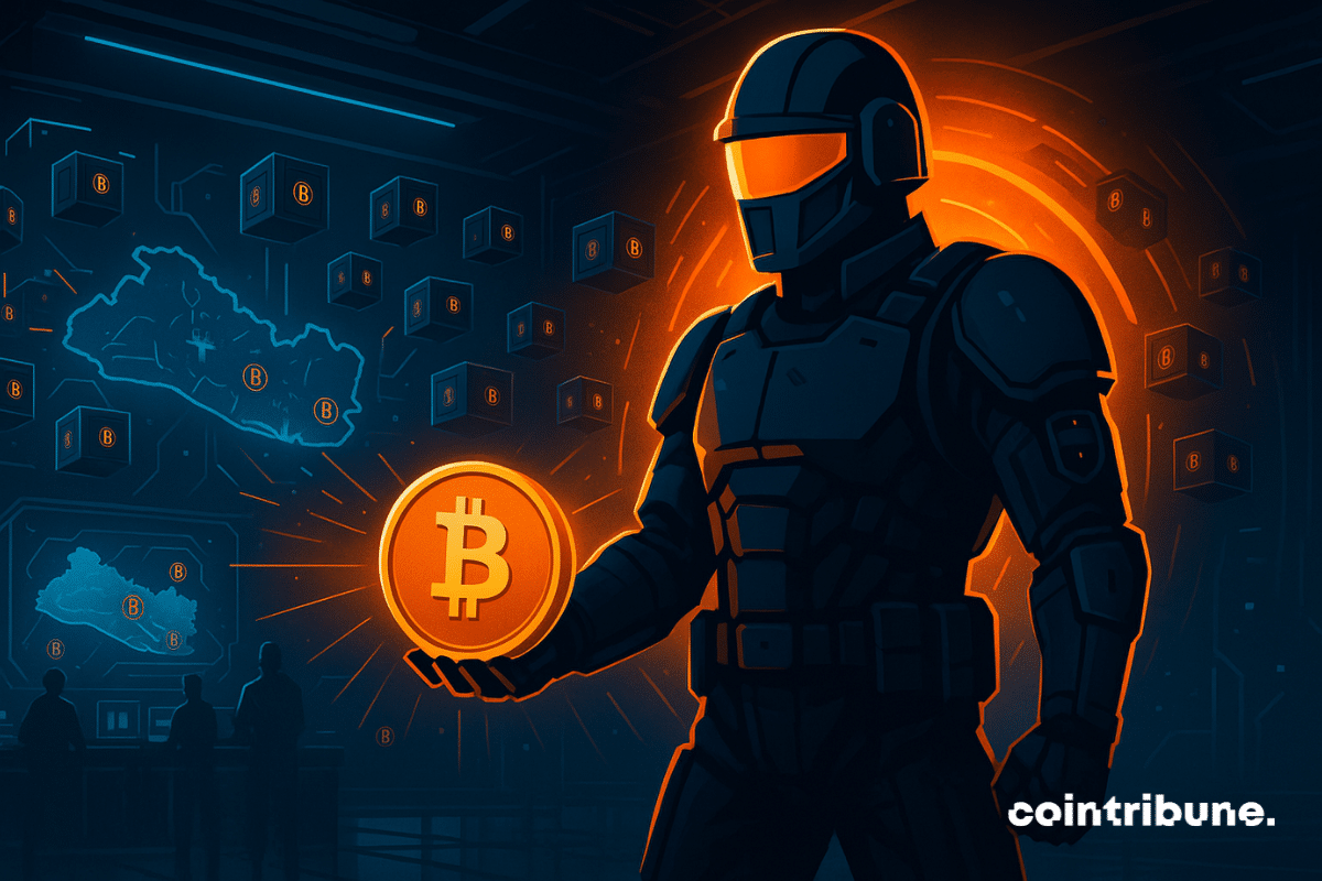 Um soldado cibernético protege os Bitcoins de El Salvador em um bunker futurista, enfrentando uma ameaça quântica invisível e iminente.
