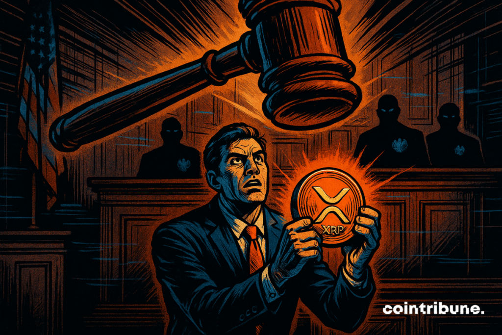 Um advogado defende o XRP no tribunal, segurando a moeda enquanto um martelo cai — criptomoedas versus regulamentação em pleno vigor.