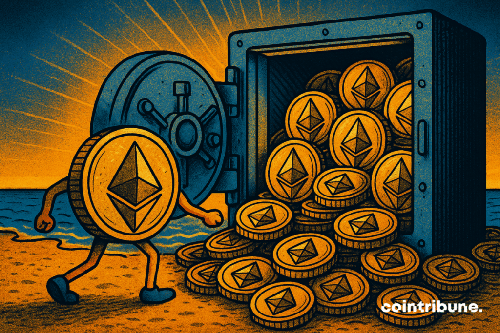 Ilustración de monedas Ethereum almacenadas en una gran bóveda en una playa, lo que simboliza la acumulación de tesoro de casi 800.000 ETH de SharpLink.