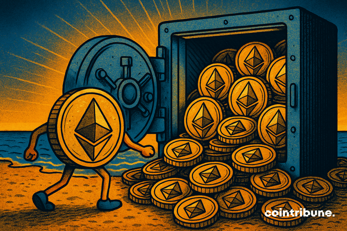 Ilustração de moedas Ethereum sendo armazenadas em um grande cofre na praia, simbolizando o acúmulo de quase 800.000 ETH em tesouro da SharpLink.
