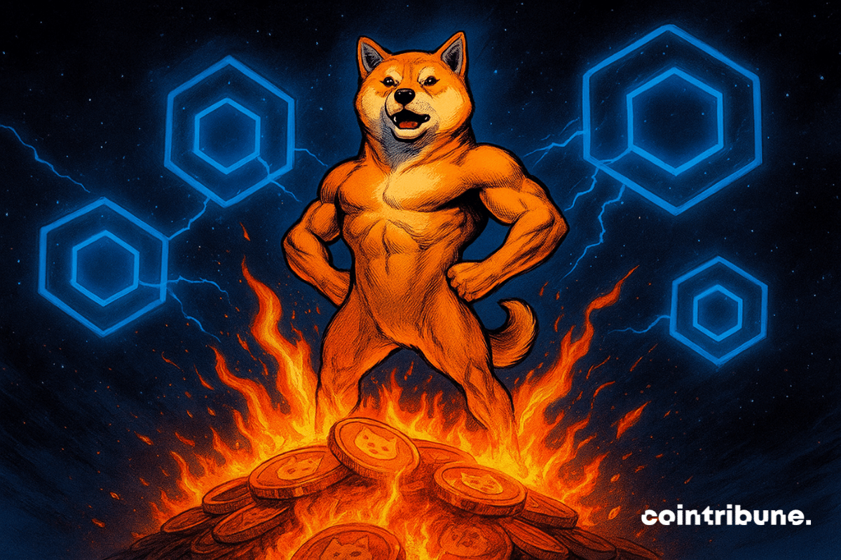 A powerful Shiba Inu stands triumphantly on burning tokens, glowing portals shining in the cosmic backdrop.