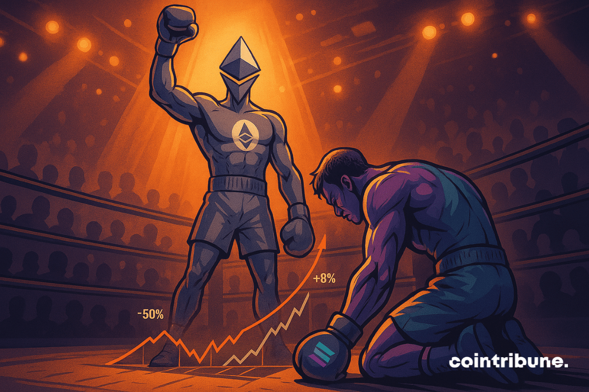 Ethereum triumphs in the ring, embodied as a muscular boxer, while Solana, exhausted, collapses under dramatic lighting.