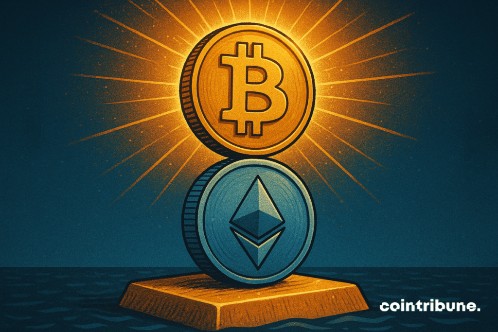 Bitcoin and Ethereum coins stacked together with a glowing light, symbolizing blockchain integration and crypto staking.