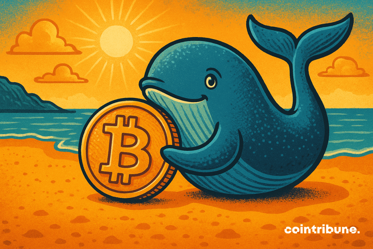 Ilustración de una ballena azul sonriente en una playa soleada, sosteniendo una gran moneda Bitcoin de oro.
