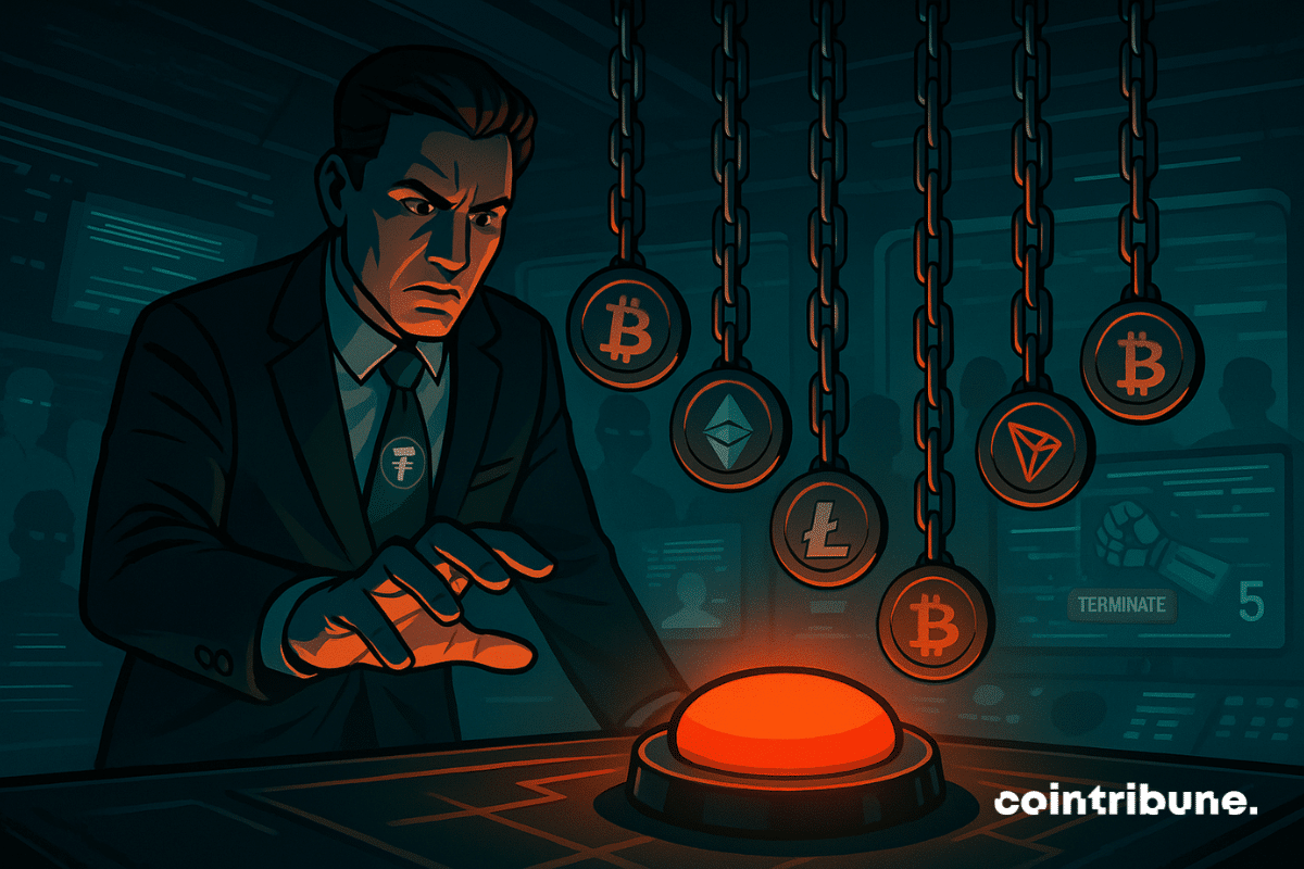 An executive representing Tether pauses his hand over a red button, halting the shutdown of USDT on five blockchains.