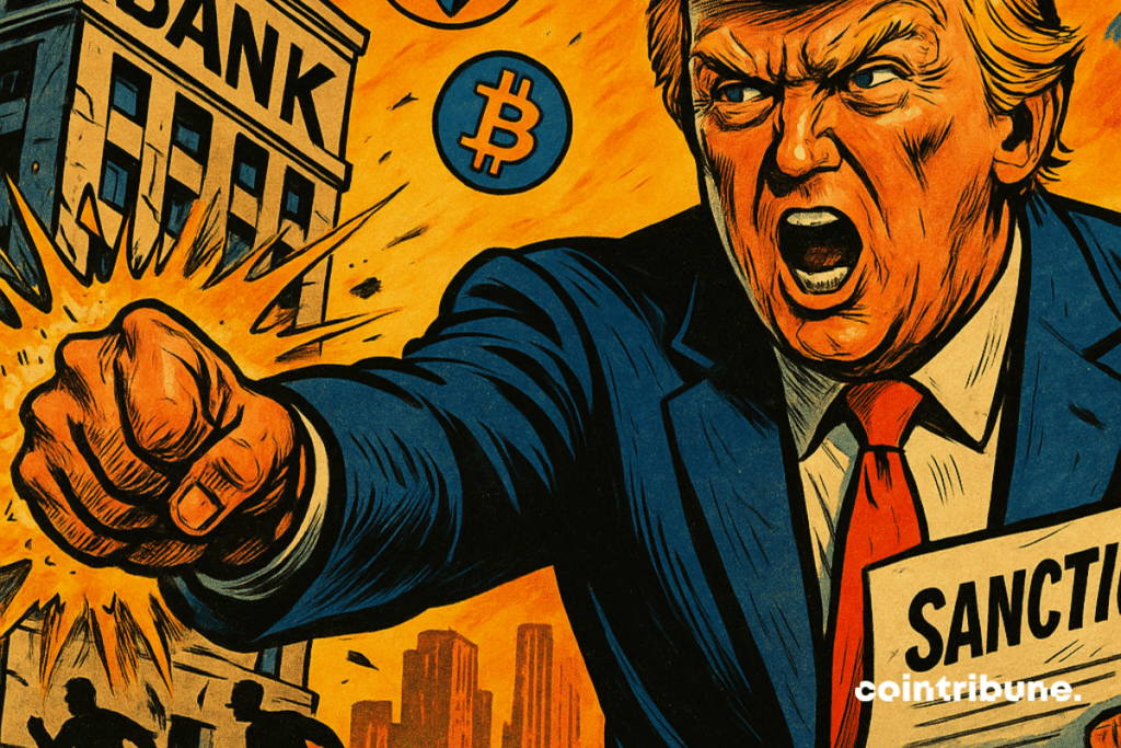 An angry Trump is in the foreground. He is wearing a blue suit with a red tie and is holding up a document marked "SANCTIONS."
