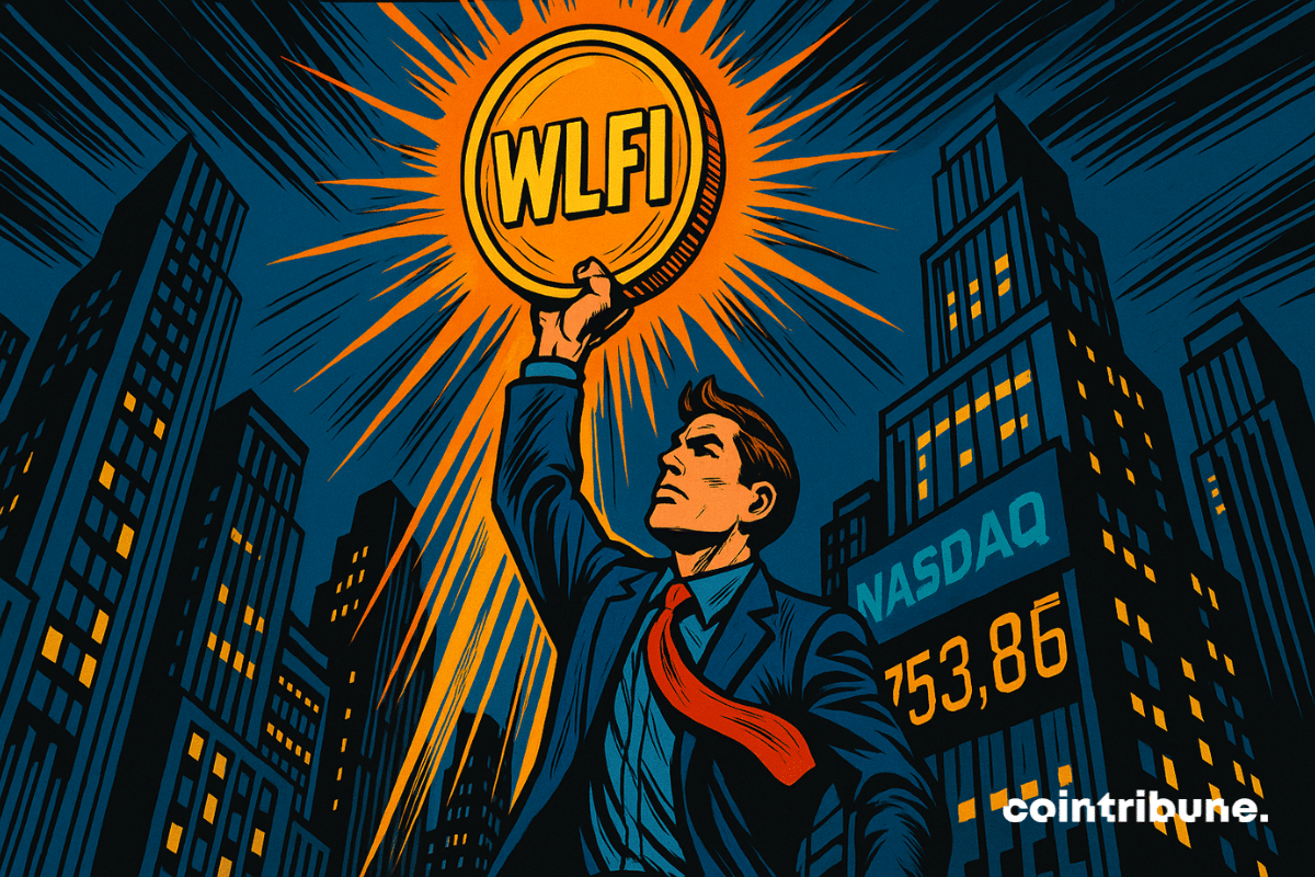 Empresário segurando uma criptomoeda WLFI brilhante em frente ao horizonte noturno, estilo história em quadrinhos dos anos 70, flashes laranja e atmosfera da Nasdaq.