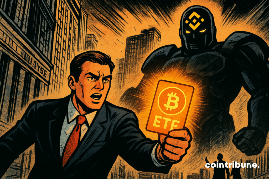 Um trader de Wall Street exibe um cartão brilhante de ETF de Bitcoin, enfrentando um titã da Binance que paira sobre a cidade.