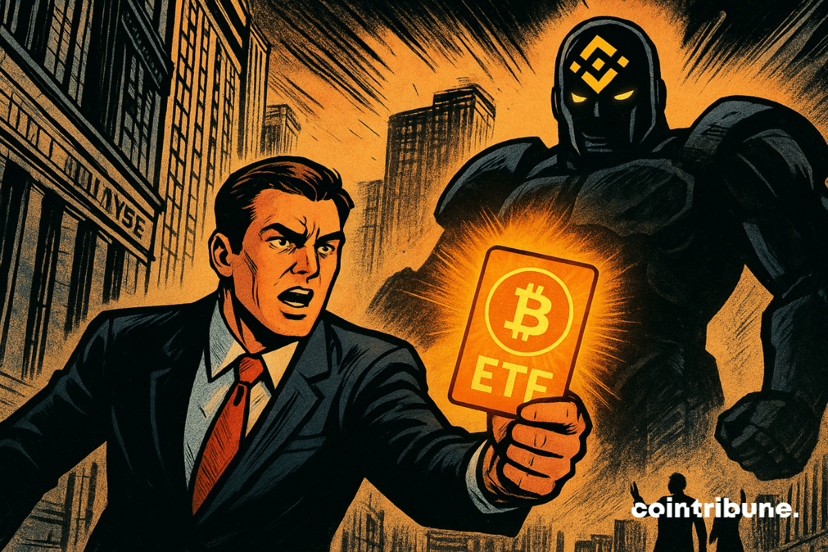 Um trader de Wall Street exibe um cartão brilhante de ETF de Bitcoin, enfrentando um titã da Binance que paira sobre a cidade.