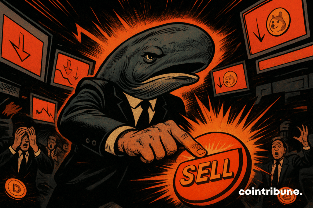 Un homme d'affaires à tête de baleine appuie sur un bouton lumineux « SELL » alors que Dogecoin s'effondre, les traders paniquent dans le chaos.