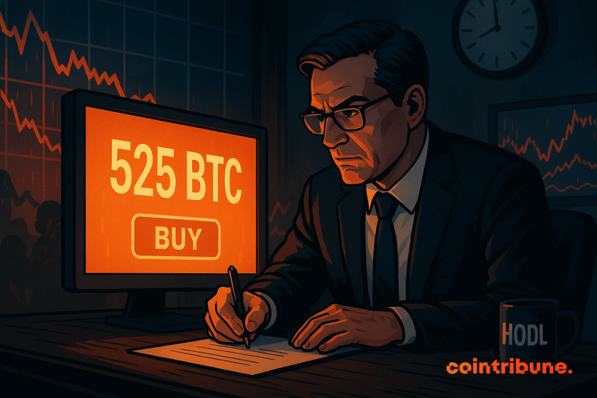 A focused man buys 525 BTC amid falling markets, illuminated by a bright orange screen. The atmosphere is tense.