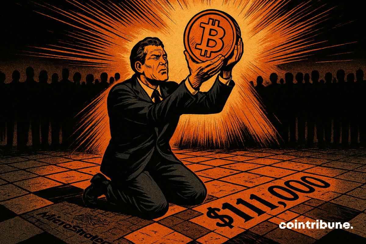 A kneeling man raises a glowing Bitcoin, surrounded by silent shadows. Floor engraved with “$111,000,” creating a sacred and dramatic atmosphere.