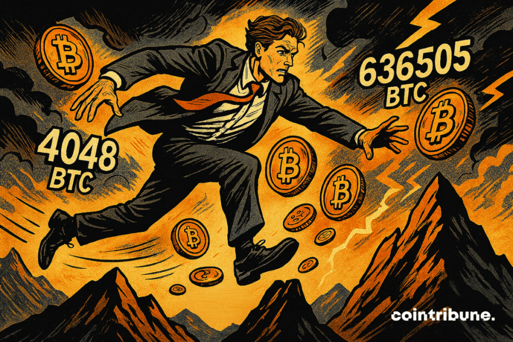 Negociador ousado salta entre picos, Bitcoin flutuante, céu tempestuoso, relâmpagos alaranjados, determinação, movimento dinâmico, volatilidade do mercado, tensão palpável.