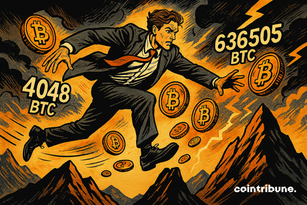 Bold trader jumps between peaks, Bitcoin floating, stormy skies, orange lightning, determination, dynamic movement, market volatility, palpable tension.