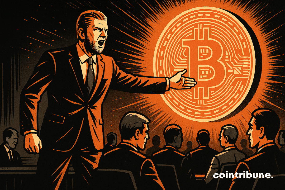 Eric Trump on a stage, with a giant projection of a blazing Bitcoin behind him. He points to the coin with a theatrical gesture.