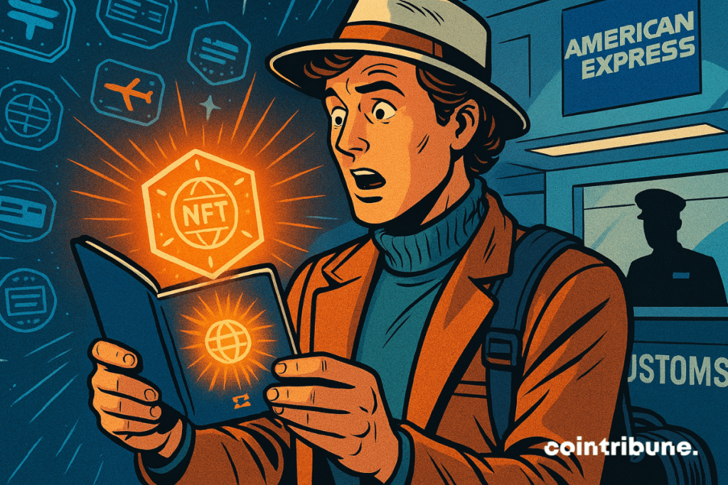 Shocked traveler sees glowing NFT stamp in passport at airport customs, with an American Express sign behind.