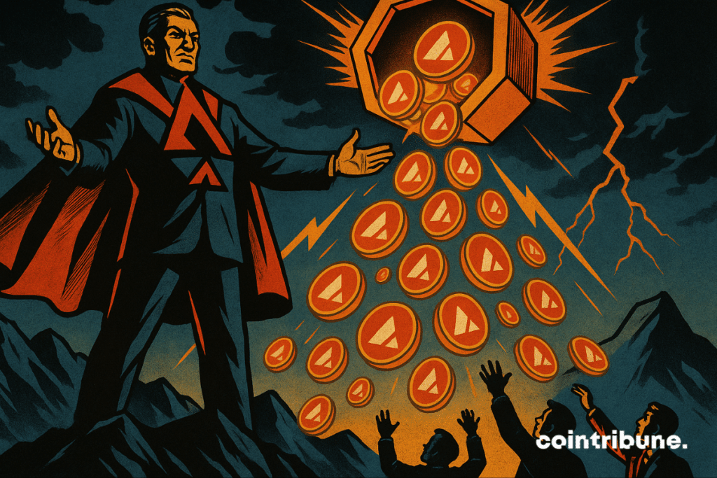 La figura de Avalanche libera tokens AVAX de la bóveda mientras las empresas se acercan bajo un cielo tormentoso.