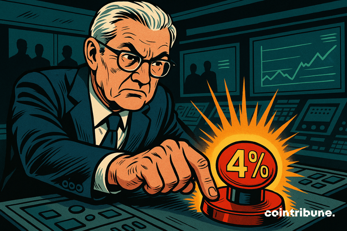 A determined banker presses a big red “4%” button in a control room, under tense gazes.