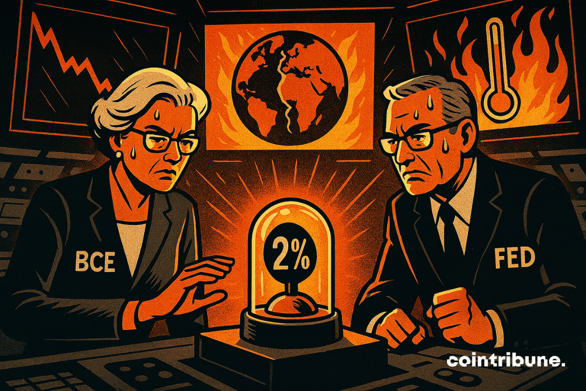 Two tense leaders facing a “2%” button under a glass cover, surrounded by warning screens, in a heated atmosphere.