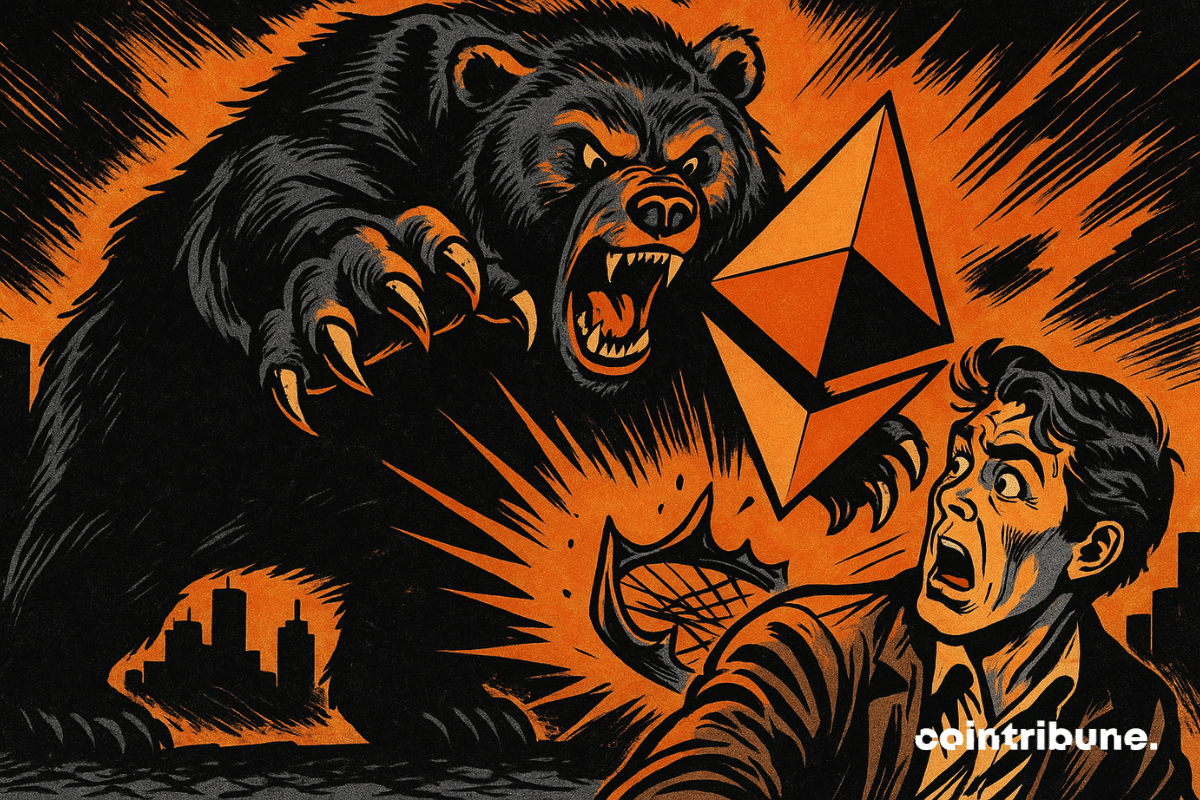 Um urso gigante emerge do chão, agarrando o logótipo do Ethereum, enquanto uma cidade escura amplifica o suspense dramático.