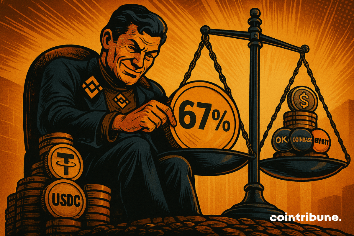 A manipulative man places a “67%” coin on a scale, crushing OKX, Coinbase, and Bybit in a dramatic scene.