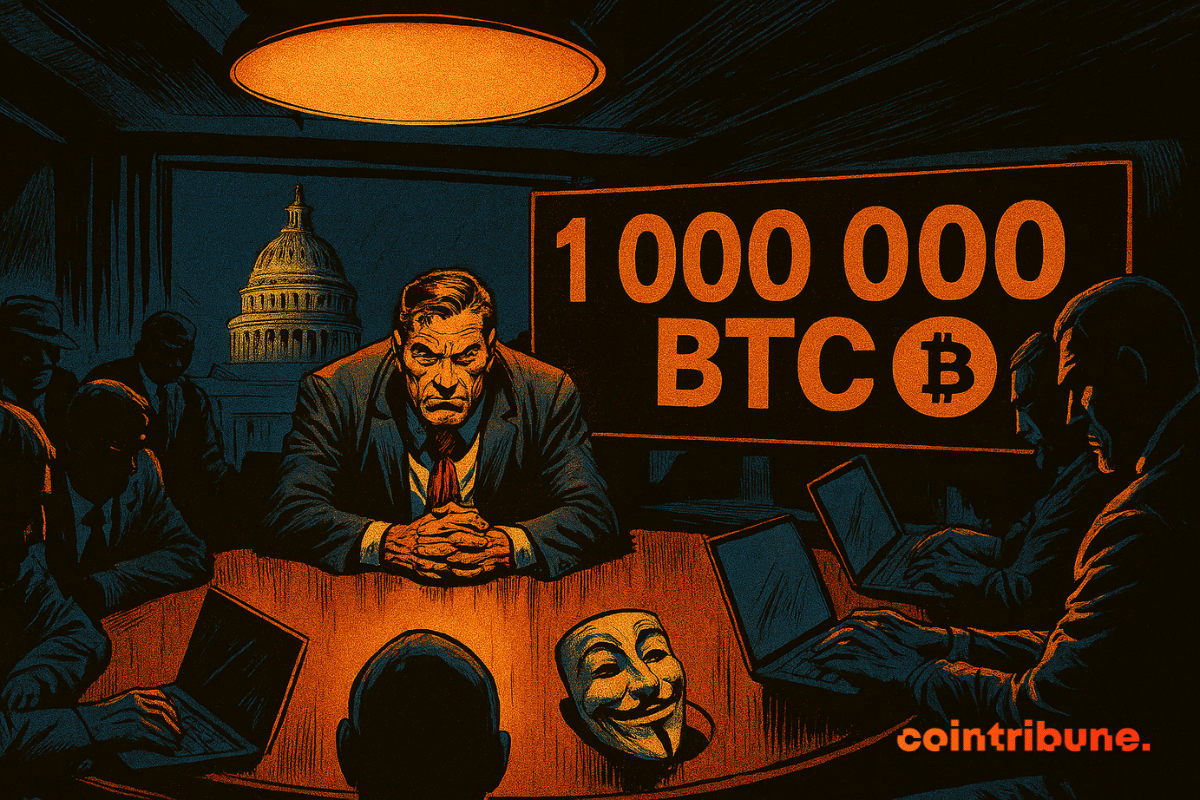 A tense room, dark gazes, Bitcoin in the spotlight. Mysterious silhouettes, provocative masks, power and secrecy intersect in the shadows.
