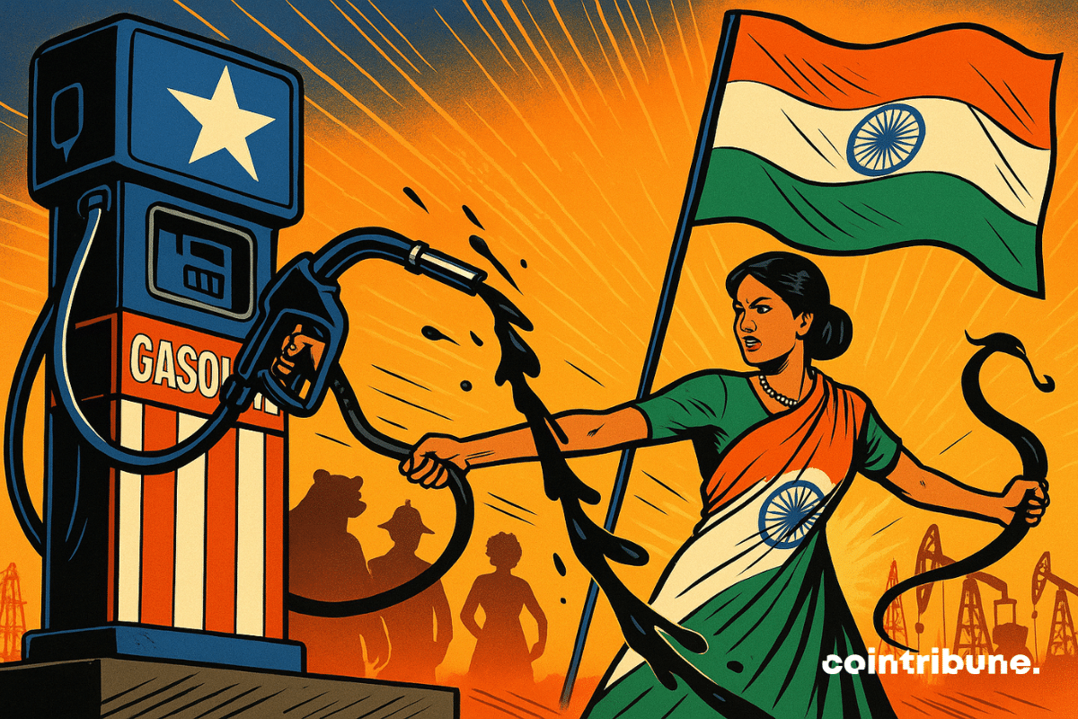 A human silhouette representing India, a member of the BRICS alliance, forcefully pulls out the pump hose, still dripping with black oil.