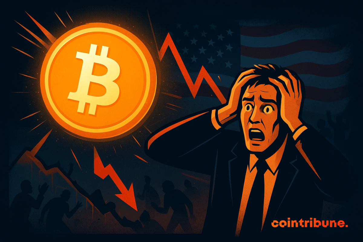 A glowing orange Bitcoin rises above a panicked Wall Street trader clutching his head as red stock charts crash behind him.