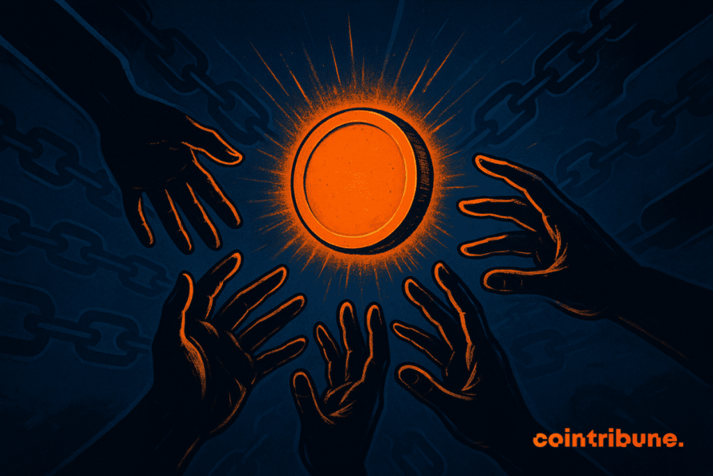 Multiple dark hands reach toward a glowing orange coin symbolizing Base, with chain patterns glowing faintly in the background.