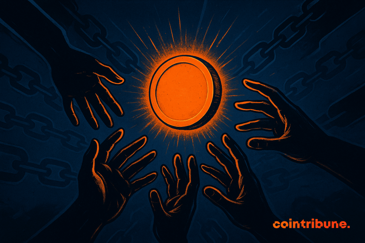 Multiple dark hands reach toward a glowing orange coin symbolizing Base, with chain patterns glowing faintly in the background.