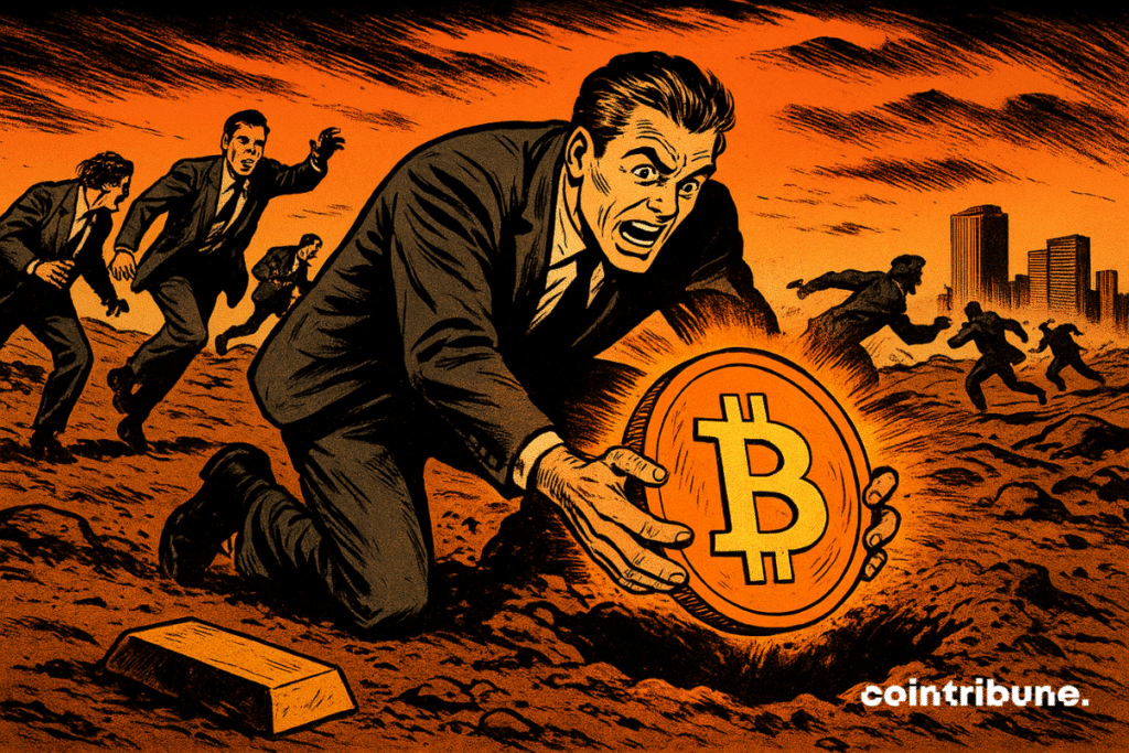 Un hombre de negocios trajeado, con el rostro tenso por el esfuerzo y la codicia, extrae un enorme y brillante bitcoin del suelo polvoriento con las manos desnudas. Tras él, otros hombres con corbata se precipitan hacia adelante, listos para abalanzarse sobre el hallazgo. En el horizonte, las siluetas de rascacielos financieros se recortan contra un cielo naranja brillante, mientras que un lingote de oro olvidado yace en primer plano, símbolo de una época pasada. Toda la escena, ambientada al estilo de un cómic de los años 70, rezuma una energía frenética, a medio camino entre la fiebre del oro y una batalla moderna por el "nuevo oro digital".