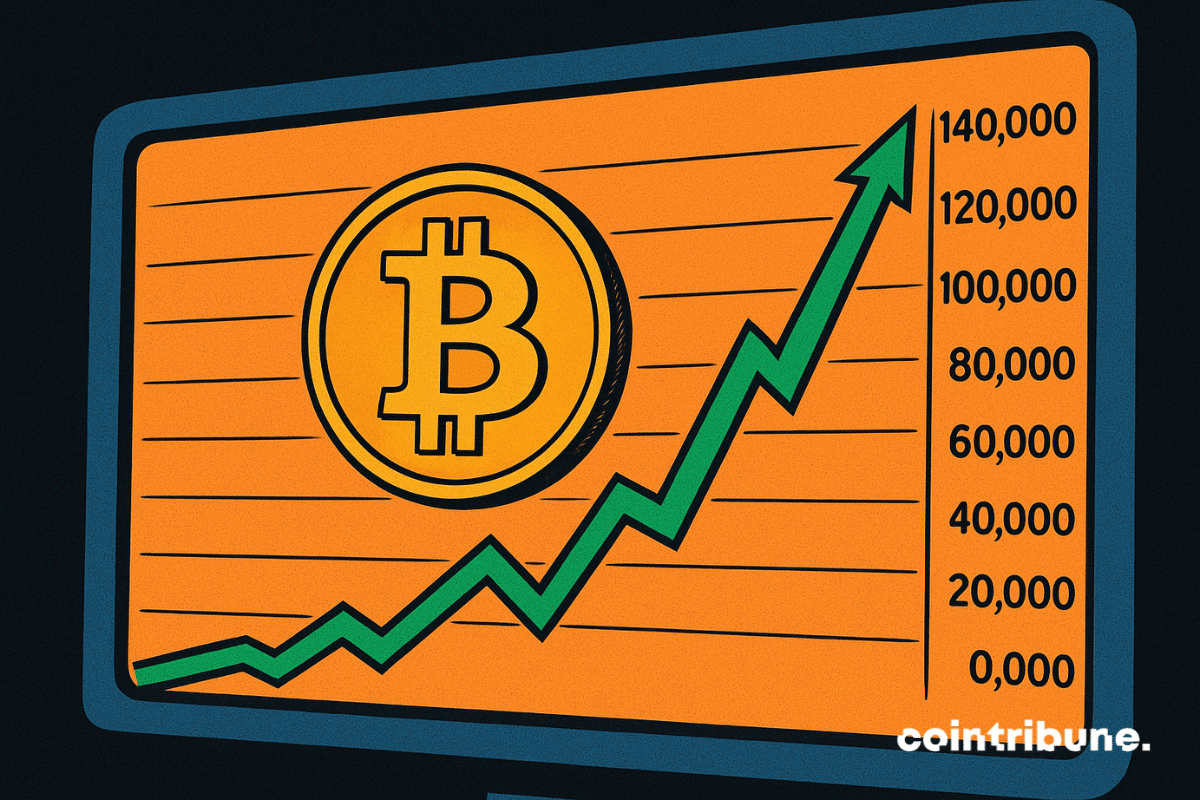 The image shows a large screen in a 1970s comic book style with an orange background and pronounced black outlines. It shows an ascending green curve climbing from left to right, crossing the symbolic threshold of $140,000 indicated on the vertical scale on the right. In the center of the screen appears an eye-catching golden Bitcoin symbol.