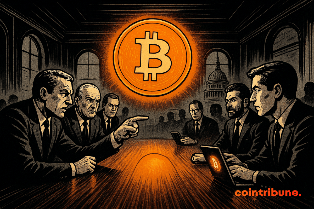 A comic-style scene of U.S. congressmen and crypto leaders facing off at a long table, with a glowing Bitcoin hovering above and the Capitol visible in the background.
