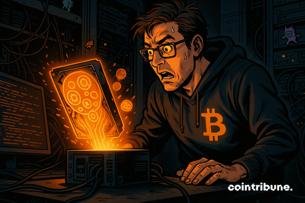 Un technicien choqué dans une salle de serveurs sombre regarde un disque dur orange émettre des symboles et des données BRC-20, portant un sweat à capuche avec le logo Bitcoin.