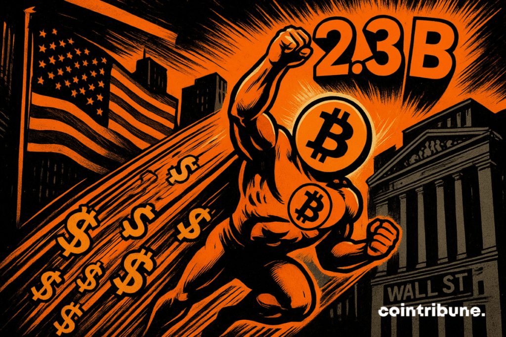 Un super-héros de style bande dessinée avec une tête de Bitcoin s'élève au-dessus de Wall Street tandis que des signes de dollar traînent derrière, brillant en orange contre le drapeau américain.