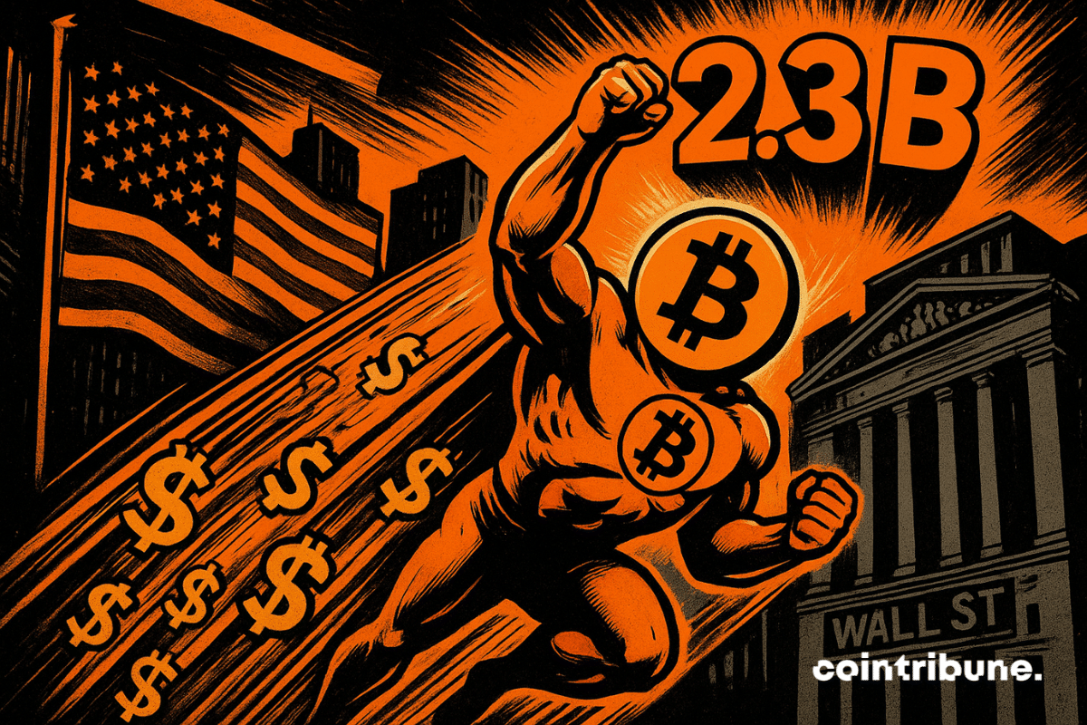 A comic-style superhero with a Bitcoin head soars upward over Wall Street as dollar signs trail behind, glowing in orange against the American flag.