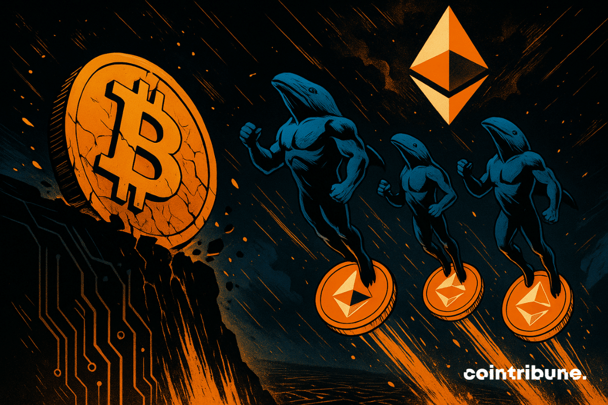 Uma moeda gigante de Bitcoin, rachada no centro, começa a despencar no vazio. Ela se inclina para baixo à direita, ampliando a sensação de queda. Três baleias estilizadas, meio criaturas marinhas, meio figuras humanoides imponentes, se erguem no céu. Elas estão de pé sobre tokens de Ether (ETH) laranjas e dourados, como se estivessem surfando para cima.