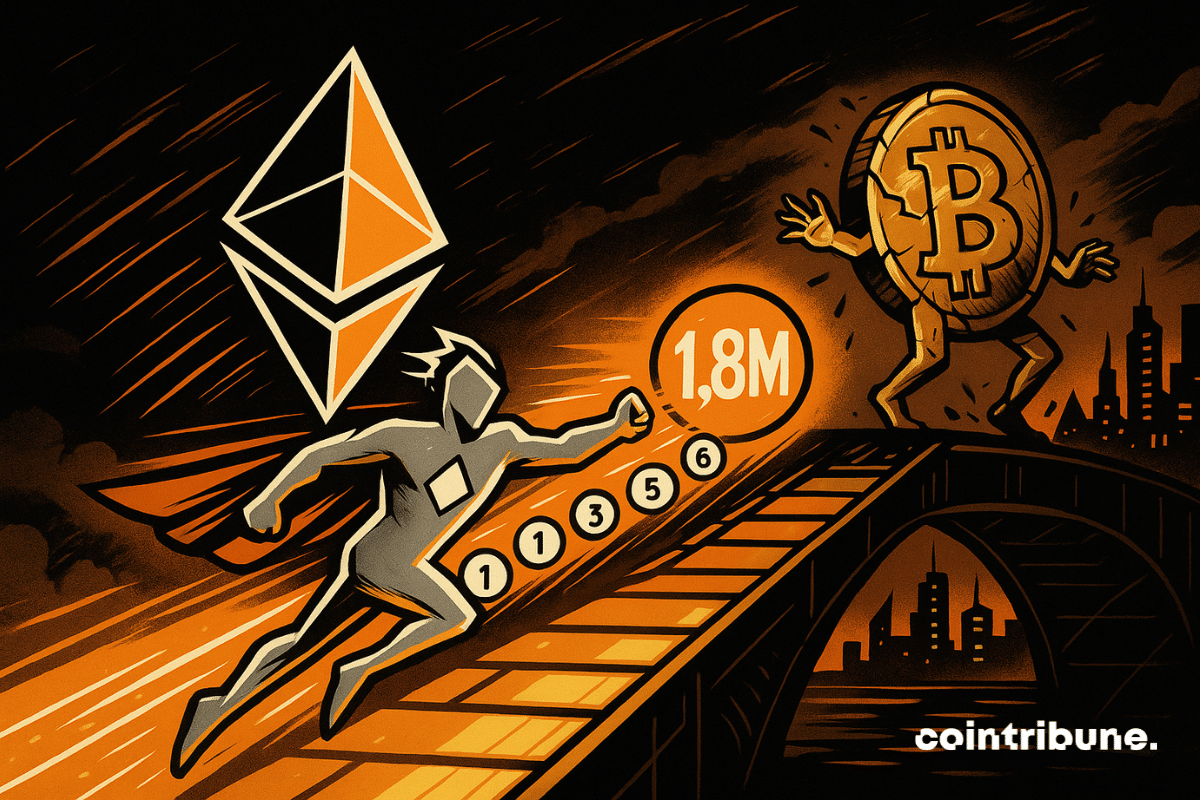 O Ethereum atravessa rapidamente uma ponte digital futurista, seguido por um fluxo de pequenos ícones (transações) numerados '1, 2, 3… até 1,8M'. O Bitcoin fica para trás na ponte.
