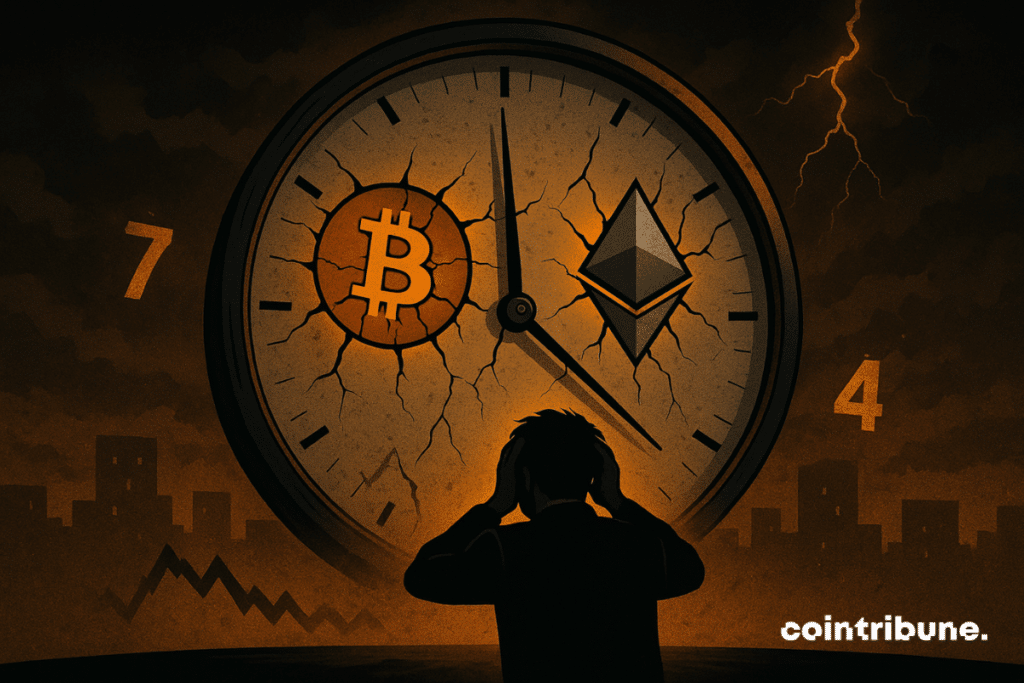 En un reloj gigante, el minutero se acerca a la medianoche. En la esfera agrietada, los íconos de Bitcoin (moneda de oro) y Ethereum (cristal plateado) se agrietan y parecen estar a punto de explotar, simbolizando el vencimiento de las opciones.